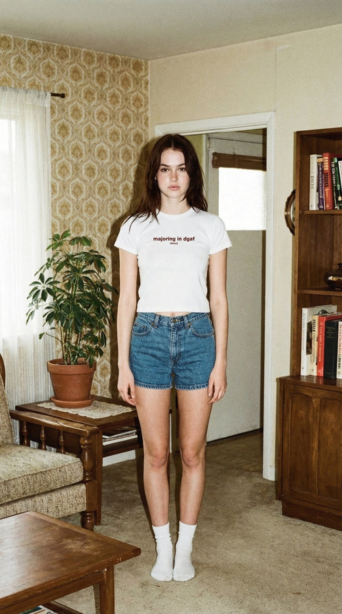 Majoring in DGAF Women's Baby Tee — Funny Sarcastic Graphic Crop T-Shirt