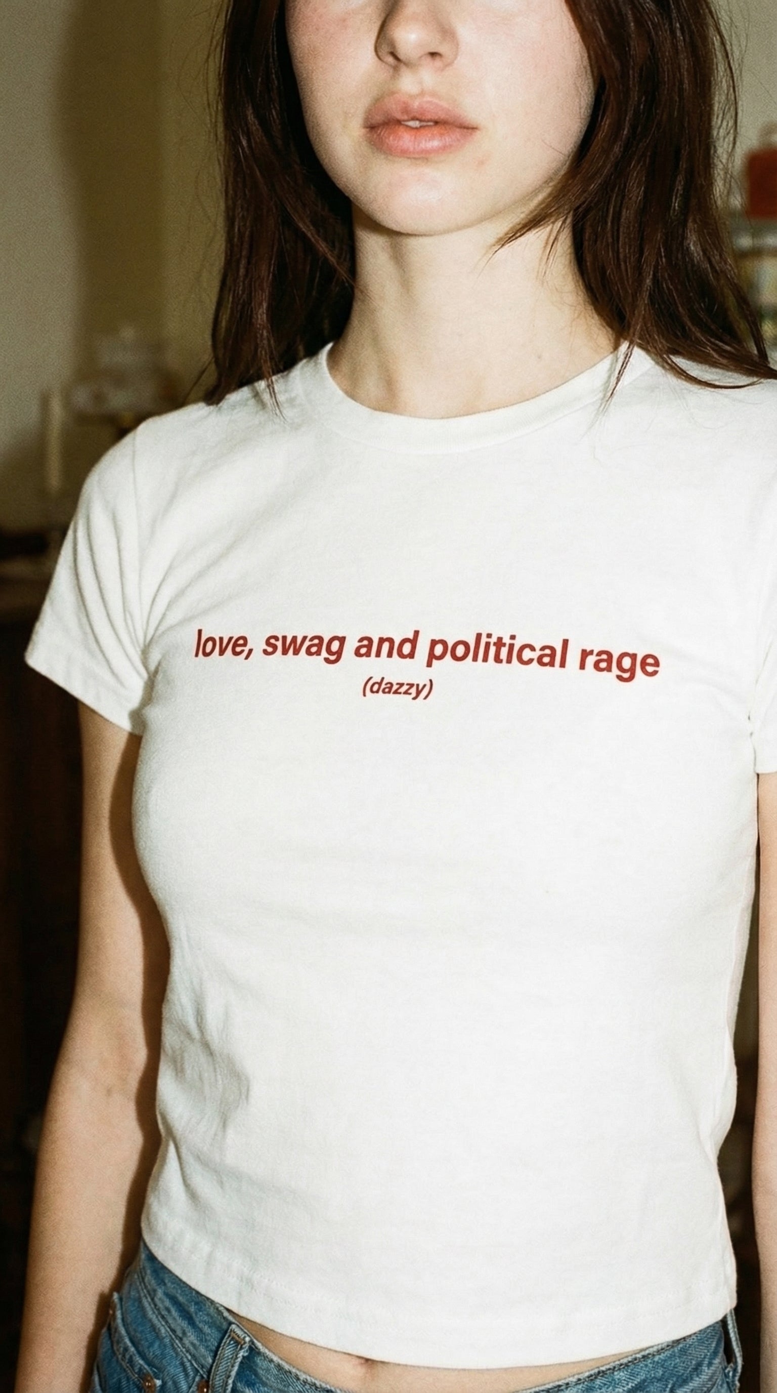 "love,swag and political rage" womens baby tee