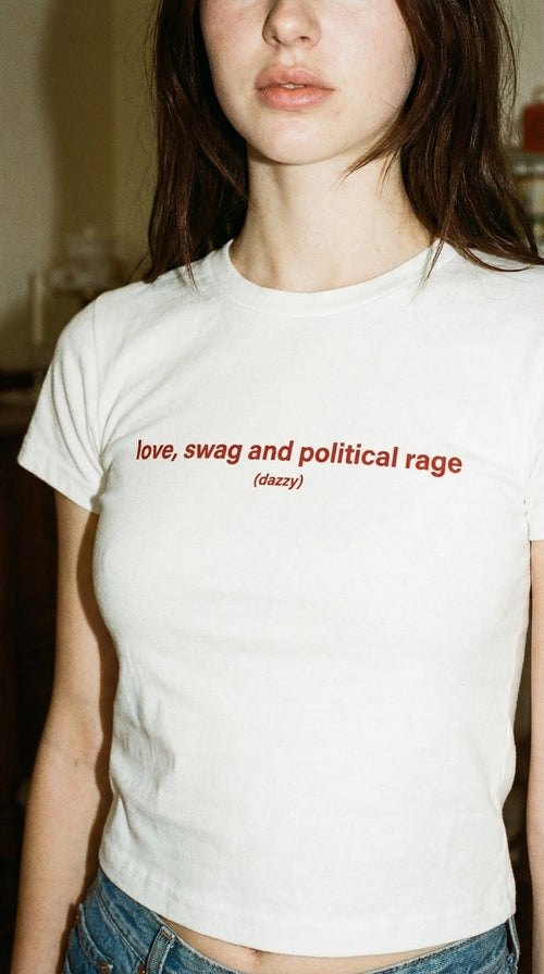 "love,swag and political rage" womens baby tee